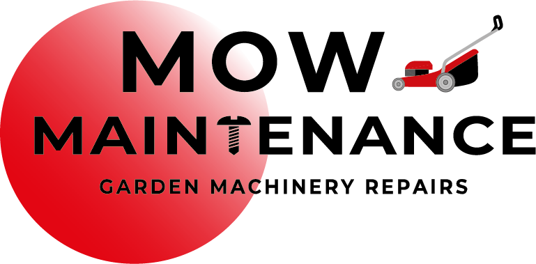 Logo for MOW Maintenance garden machinery repairs: bold text over a red circle with a small lawn mower icon and the tagline 'Garden Machinery Repairs'.
